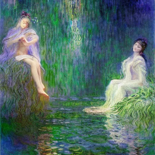 Image similar to the oracle of waters by ross tran and claude monet, oil on canvas