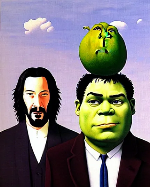 Prompt: magritte painting of keanu reeves and shrek