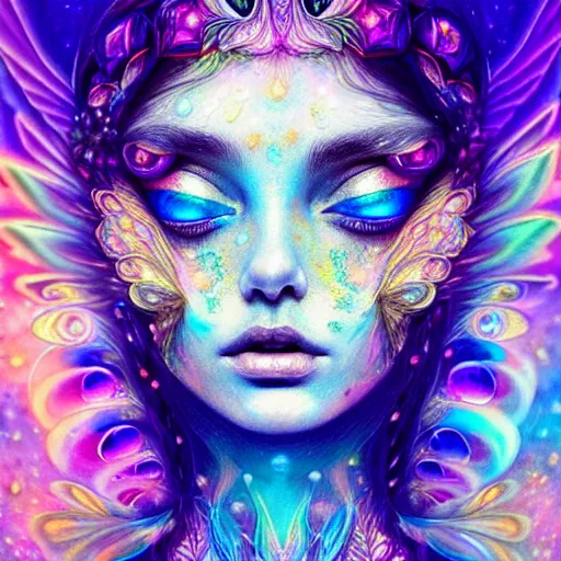 Image similar to An extremely psychedelic crystalline soul fairy, multifaceted, crystals, surreal, dramatic lighting, magic mushrooms, psilocybin, LSD, face, detailed, intricate, elegant, lithe, highly detailed, digital painting, artstation, concept art, smooth, sharp focus, illustration, art by Krenz Cushart and Artem Demura and alphonse mucha