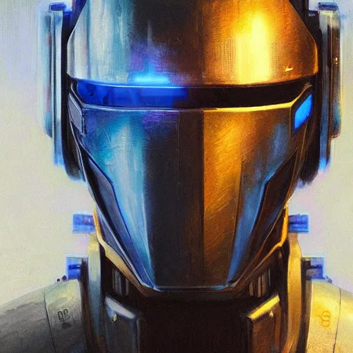 Image similar to robot with glowing blue visor as a realistic scifi cyberpunk knight, closeup portrait art by donato giancola and greg rutkowski, realistic face, digital art, trending on artstation, symmetry!!!