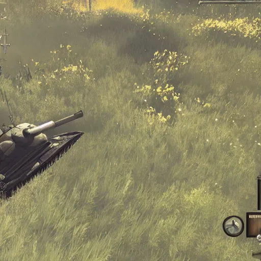 Image similar to a screenshot from nier : automata, with 9 s android fighting a t 3 4 tank in yellow rye field under pure blue skies