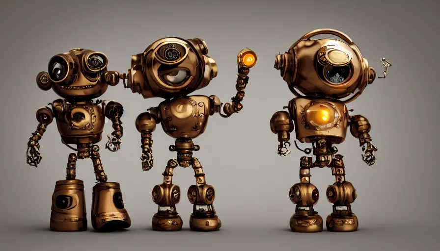 Image similar to two cute steampunk robots with human skin and large shiny eyes smiling and waving, isolated on white background, cinematic lights, 3D occlusion