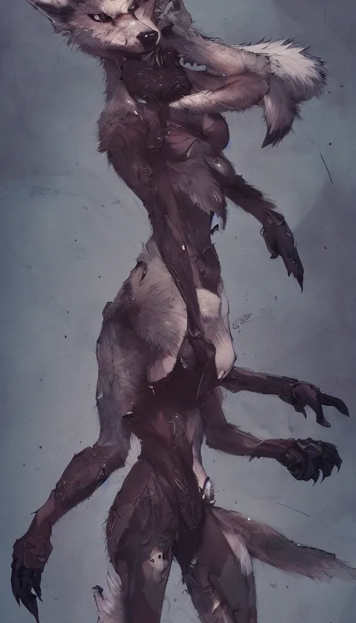 Prompt: concept art of anthropomorphized wolf fullbody, night themed, highly detailed painting by dustin nguyen, akihiko yoshida, greg tocchini, 4 k, trending on artstation, 8 k