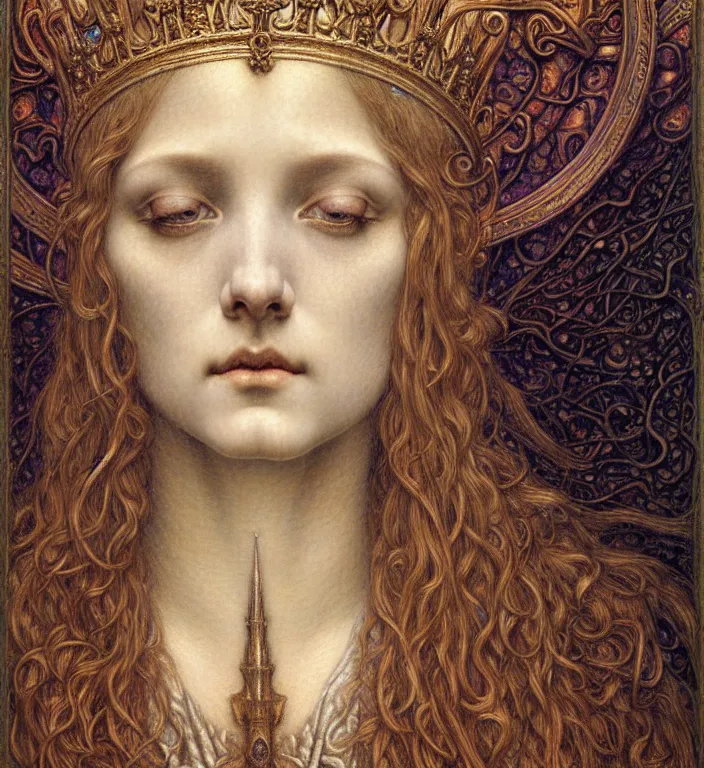 Image similar to detailed realistic beautiful young medieval queen face portrait by jean delville, gustave dore and marco mazzoni, art nouveau, symbolist, visionary, gothic, pre - raphaelite. horizontal symmetry