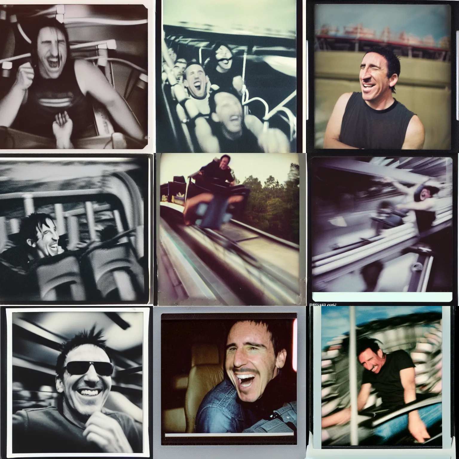 Prompt: polaroid photograph of trent reznor laughing on a roller coaster