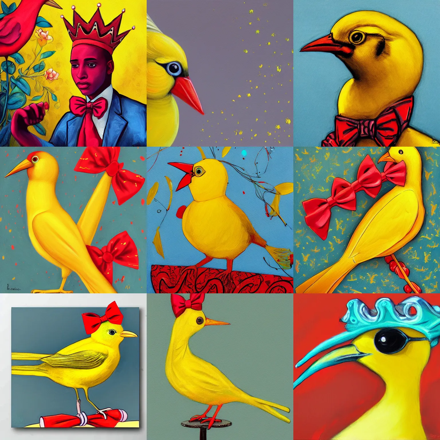 Prompt: an elegant yellow BIRD wearing a CROWN and a red bow tie, painting in the style of James Jean, very very beautiful, high quality, detailed, 4k, fantasy, vibrant colors