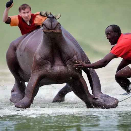 Image similar to polo played with humans and hippopotamuses. sports photograph.