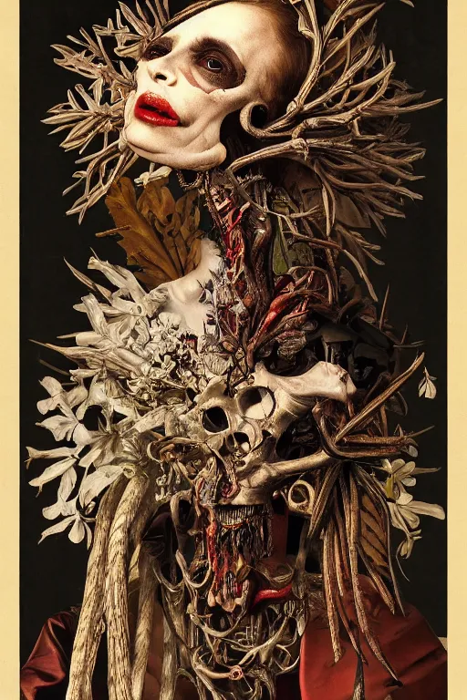 Image similar to Detailed maximalist portrait with large lips and with large white eyes, exasperated expression, extra fleshing limbs, botany bones, HD mixed media, 3D collage, highly detailed and intricate, surreal illustration in the style of Caravaggio, dark art, baroque