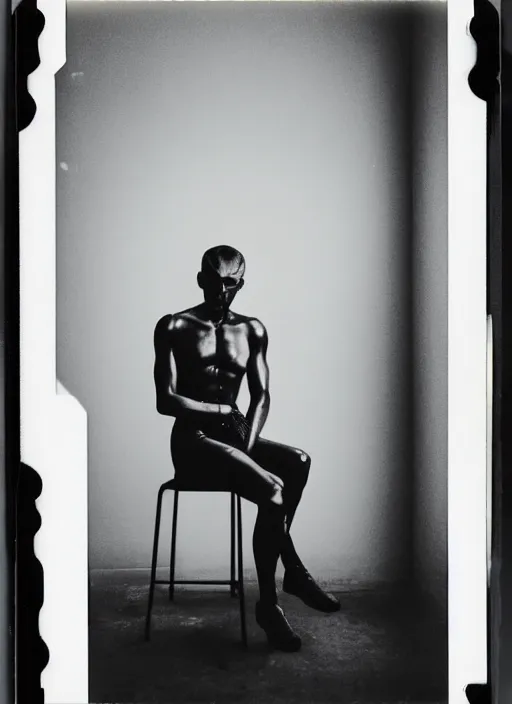 Prompt: polaroid fashion photography, flash photography, photo taken in a back storage room where you can see empty shelves in the background, 3 / 4 view portrait head chest and arms portrait of an android with an adult male human looking face, the android is sitting in a thinker's pose and is pondering the meaning of its existence, the thinker by auguste rodin