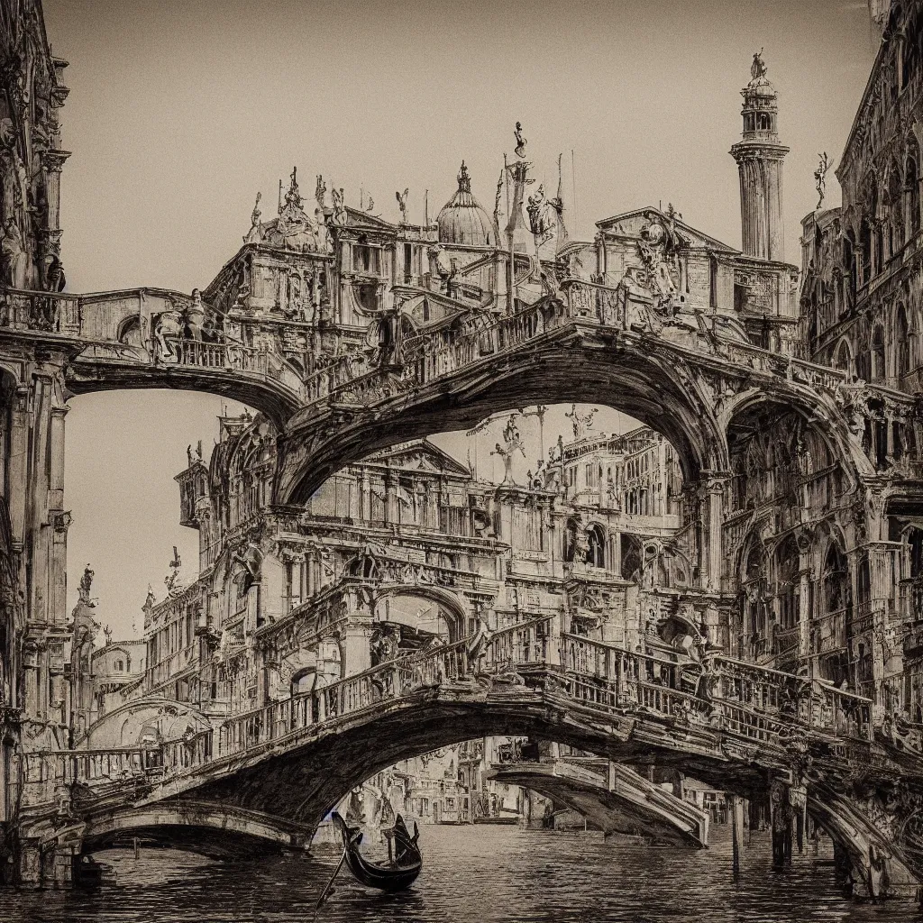 Image similar to oniric dream of the bridges of venice by piranesi, historic, ancient venice, composition, cinematic, rule, grid