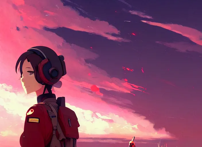 Image similar to portrait of pilot girl talking, red sky background, chaotic landscape, illustration concept art anime key visual trending pixiv fanbox by wlop and greg rutkowski and makoto shinkai and studio ghibli and kyoto animation, red body suit, military gear, red crow 1, grimdark