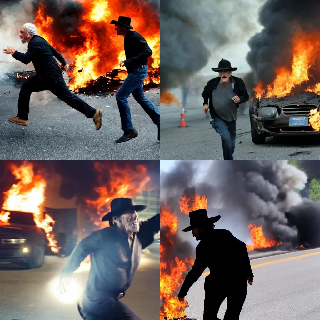 Prompt: old man in black hat and goatee, action movie still, movie by Michael Bay, man runs towards camera, behind the man car explosion, fire, smoke