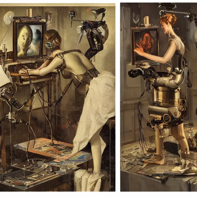 Image similar to robot artist painting a self - portrait on a canvas. intricate, highly detailed, digital matte painting, in the style of alexandros pyromallis, and in the style of hans thoma, and in the style of gil elvgren. irony, recursion, inspiration.