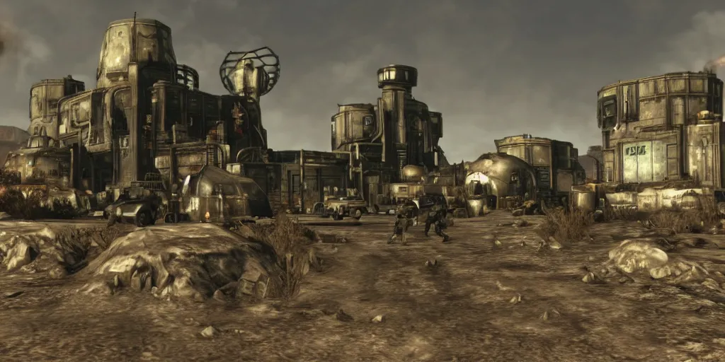 Image similar to patrol of brotherhood of steel from fallout : new vegas game ahead of large bunker gate