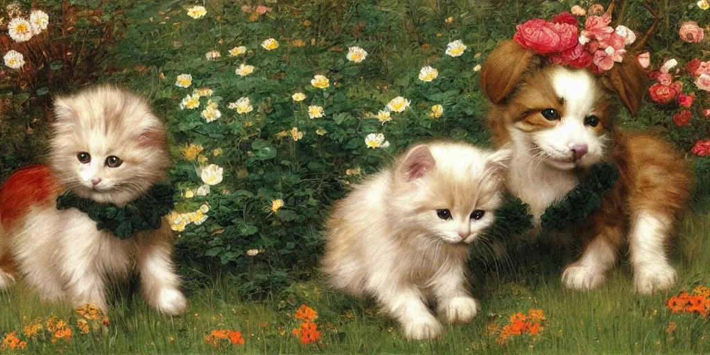 Prompt: 3 d precious moments plush puppy and kitten with realistic fur and gold, white, pastel blue, deep greencolor scheme, field of flowers, master painter and art style of john william waterhouse and caspar david friedrich and philipp otto runge