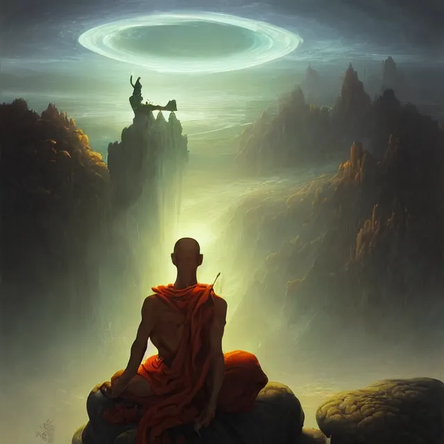 Image similar to in the style of peter mohrbacher, a glowing monk floating and meditating on a rock, dystopian landscape, intricate, masterpiece, award winning, fantasy, hyperrealism intricate