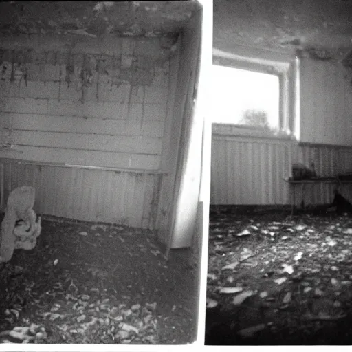 Prompt: 1 9 9 3, disposable camera, flash, old abandoned house, mutant flesh creature