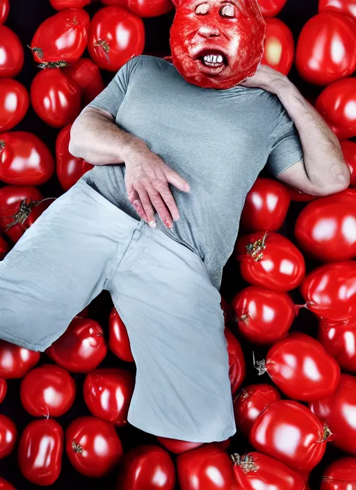 Image similar to a hyper realistic ultra realistic photograph of a man transmogrifying into crumpled tomato, top secret, highly detailed, 8k photo