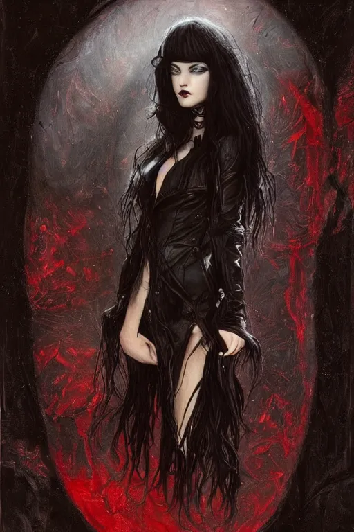 Image similar to a beautiful woman with long black hair, blue eyes, gothic, intricate, elegant, dramatic lighting, gorgeous face, black leather jacket, highly detailed, lifelike, photorealistic, digital painting, artstation, illustration, concept art, smooth, sharp focus, art by John Collier and Albert Aublet and Krenz Cushart and Artem Demura and Alphonse Mucha