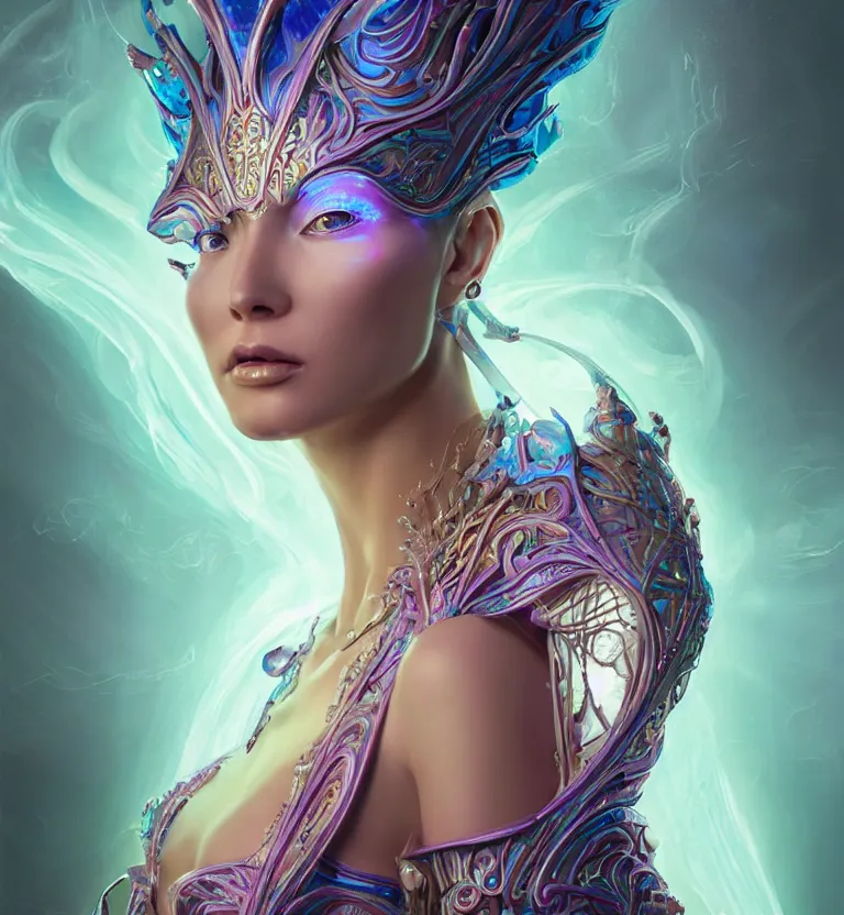 Image similar to iridescent portrait of a beautiful princess in robe. biomechanical mask. bio luminescent biomechanical halo around head. artwork by jarold Sng by artgerm, by Eddie Mendoza, by Peter mohrbacher by tooth wu, unreal engine, octane render, cinematic light, high details, iridescent colors, dichroic, macro, 4l