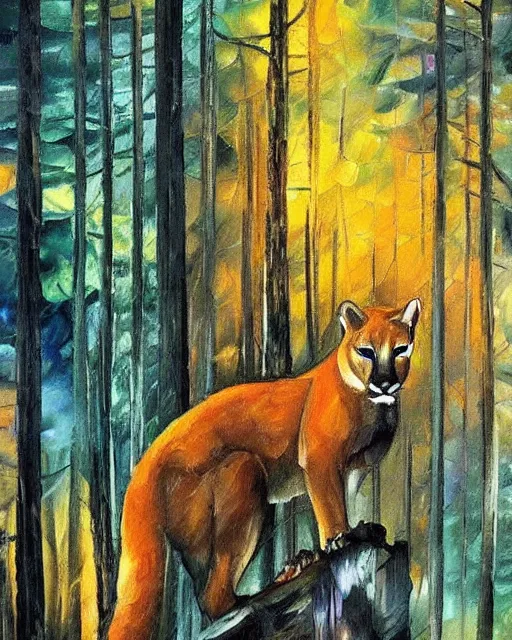 Image similar to cougar in forest at night, shot from drone, grainy, photo by leonid afremov, polaroid