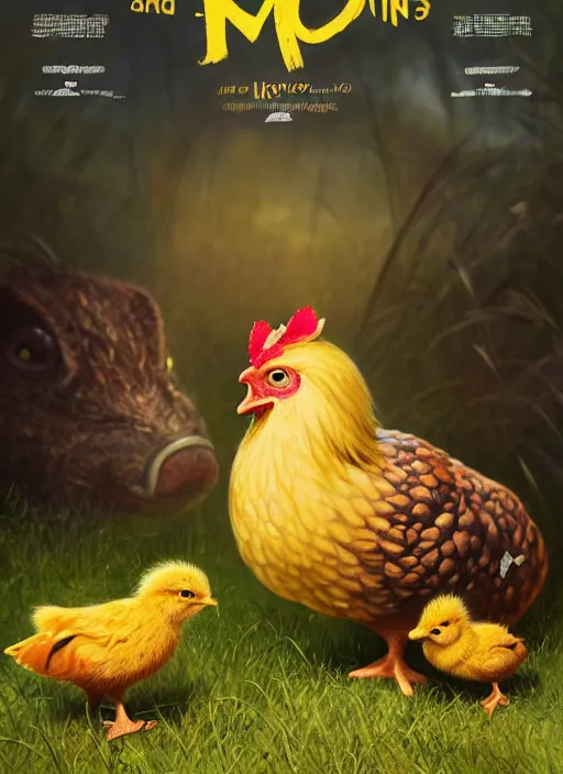 Prompt: a hen and her two cute small yellow chicks on a meadow, mama movie poster by nuri iyem, james gurney, james jean, greg rutkowski, anato finnstark. pixar. hyper detailed, 5 0 mm, award winning photography, perfect faces
