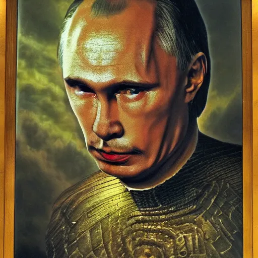 Prompt: vlad putin became stupid imbecile retard degenerate photo - realistic, color image, hyper realistic, 2 k, highly detailed, occult art, by giger, fractal structure