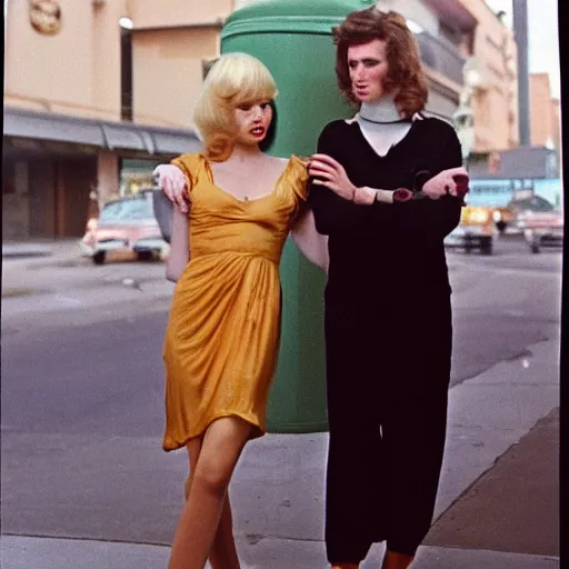 Image similar to 1981 color archival photo of a glamorous woman in a dress, and her friend, Casper the Friendly Ghost, in a sidewalk cafe, 16mm film soft color, earth tones and soft color 1981, live-action archival footage, in style of doris wishman russ meyer, woman looks like young mia farrow