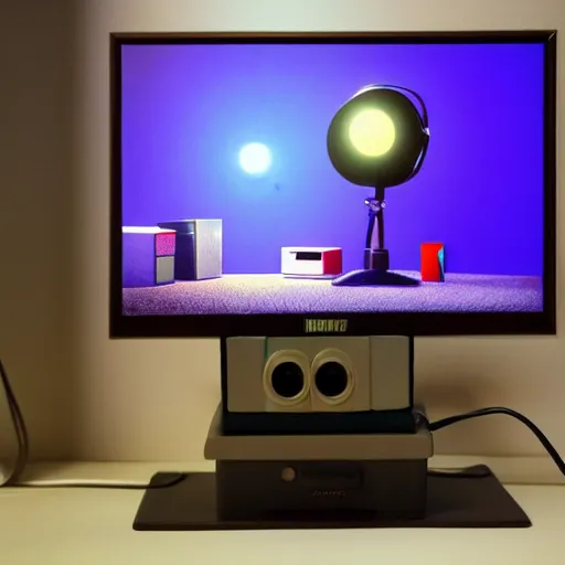 Image similar to crt televisions in a room with a lamp, claymation, 3 d, pixar, film grain, fisheye