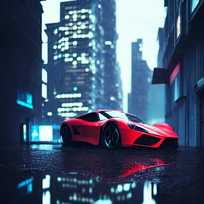 Prompt: sportscar parked on sidewalk, cyberpunk city, reflections, puddle, rain, volumetric light, hyperdetailed, hyperrealism, photorealistic rendering, digital art, octane, redshift