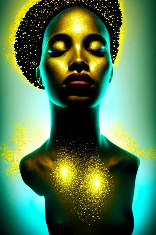 Image similar to hyperrealistic post - dada cinematic very expressive! profile black oshun goddess, head emerging from water, mirror dripping droplet!, gold flowers, highly detailed face, digital art masterpiece, smooth eric zener cam de leon, dynamic pearlescent teal light, low angle uhd 8 k, sharp focus