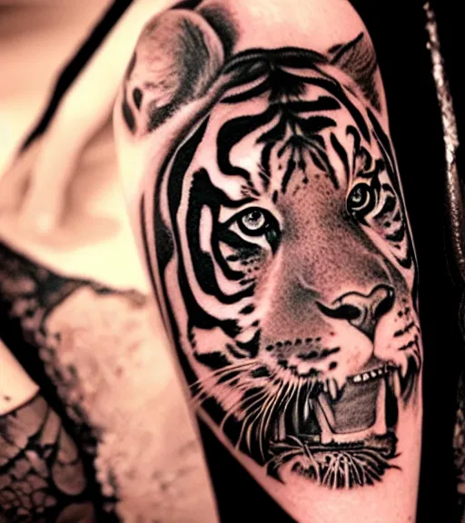 Image similar to tattoo design of a beautiful girl warrior under a tiger head, hyper realistic, realism tattoo, by eliot kohek, beautiful eyes, realistic face, black and white, white background