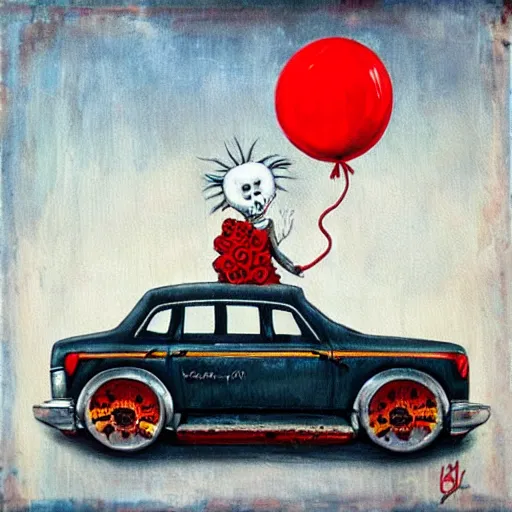 Prompt: grunge painting of a car with a wide smile and a red balloon by chris leib, loony toons style, pennywise style, corpse bride style, horror theme, detailed, elegant, intricate