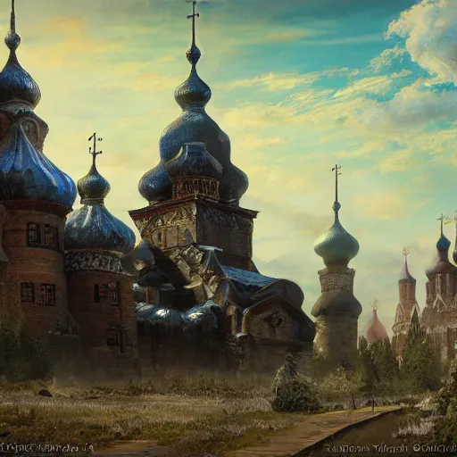 Image similar to photo ancient Slavic Russian city of Kitezh, concept art, painting by Viktor Vasnetsov, magical city, fantasy cityscape, ancient Slavs, wooden buildings, ancient Russian architecture, terem, hyperborea, top cinematic lighting , cinematic mood, very detailed, 8k, high resolution, trending on artstation, artstationHD,