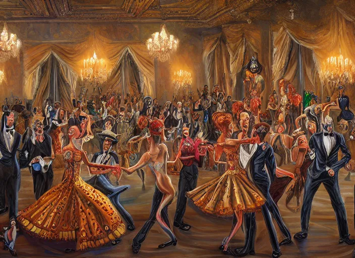 Image similar to a ballroom dance with 🦓🦒, 8 k lowbrow oil on canvas, in the style of greg simkins!