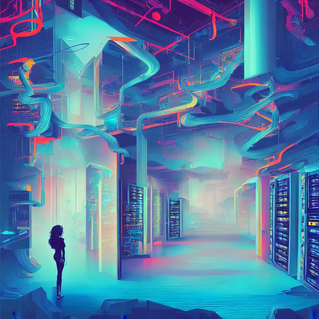 Prompt: illustration of a data-center architecture or schema, sunglassed security agent, datastream or river, painting by Jules Julien, Leslie David and Lisa Frank and Peter Mohrbacher and Alena Aenami and Dave LaChapelle muted colors with minimalism
