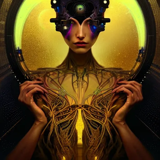 Image similar to extremely psychedelic beautiful cyborg viral queen infected by night. intricate, elegant, highly detailed, extremely lifelike photorealistic digital painting, artstation. steichen, gaston bussiere, tom bagshaw, brutalist cyberpunk alphonse mucha. elegant minimalism. anatomically correct. sharp focus. gold, black accents. surreal lush cosmic hallucination