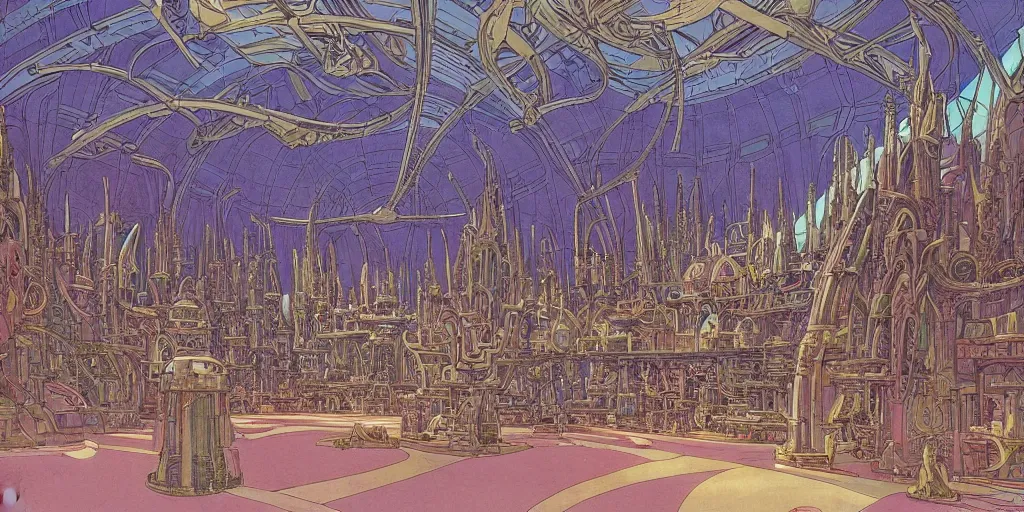 Image similar to cel shaded cinematic shot of the interior of a sci-fi space station with ornate Elven architecture bustling with various intelligent alien species, epic castle, emerald, crystalline, detailed illustration, sharp focus, crisp lines, art by Moebius, Jean Giraud Moebius comic illustration