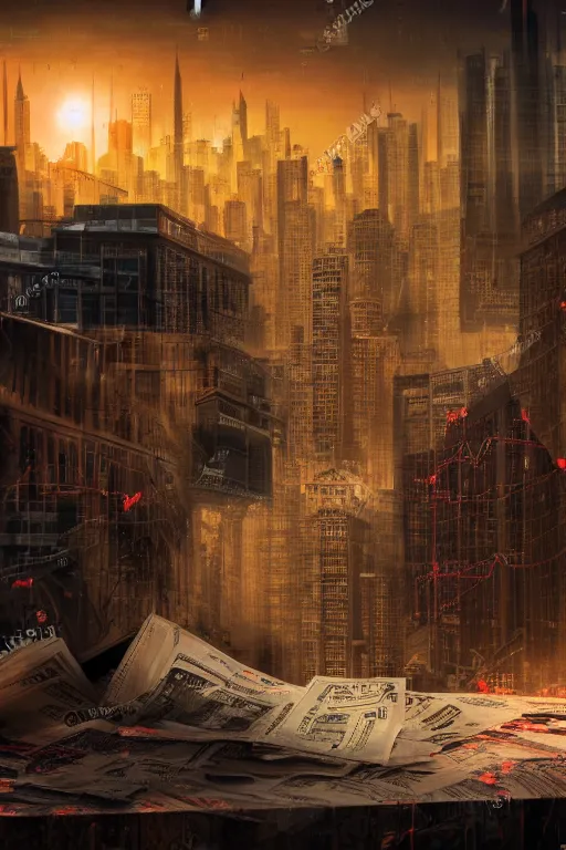 Image similar to stock market collapse, red charts, recession, fantasy, matte painting, office, trader