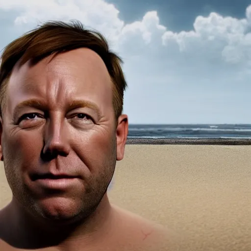 Image similar to hyperrealistic mixed media image of alex jones from info wars posing on a beach wearing a tutu, stunning 3 d render inspired art by istvan sandorfi and greg rutkowski, perfect facial symmetry, realistic, highly detailed attributes and atmosphere, dim volumetric cinematic lighting, 8 k octane extremely hyper - detailed render, post - processing, masterpiece,