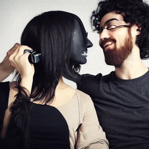 Prompt: thirty year old hacker with short beard is flirting with a young white woman with black curly hair, digital art, beautiful