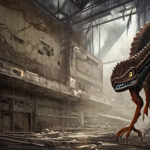 Image similar to a hyper - muscular anthro velociraptor with a magnificently muscular physique wearing tactical gear standing in the ruins of a facility, equine, highly detailed, digital painting, artstation, concept art, magic the gathering, illustration by artgerm, greg rutkowski