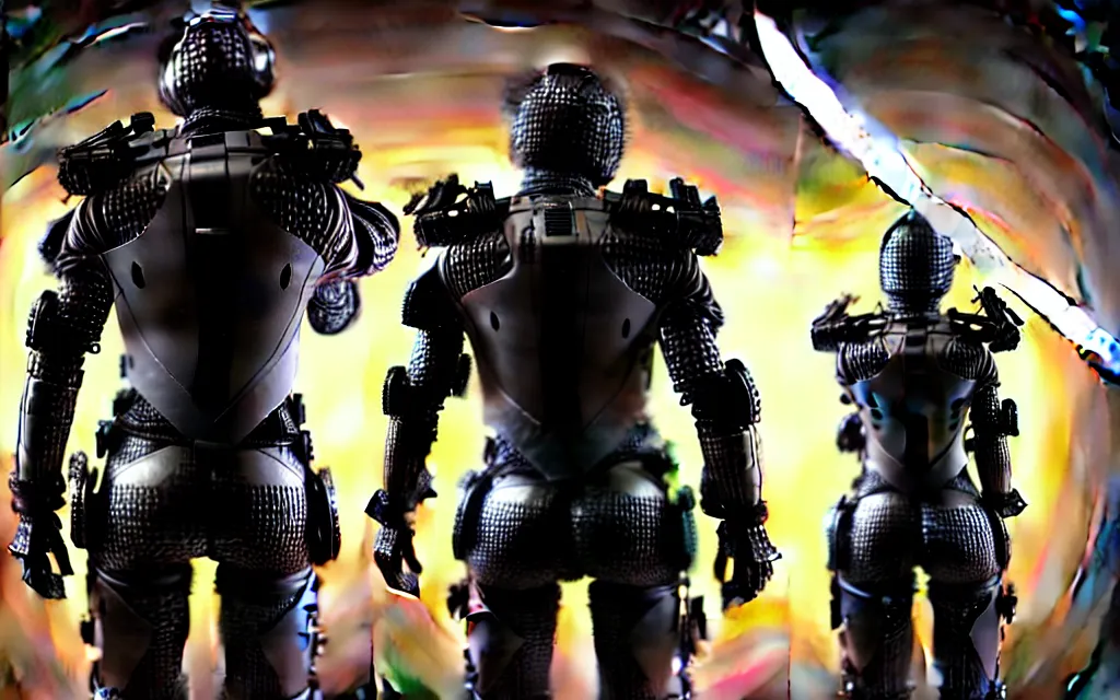 Image similar to war, diverse katana cybersuits, from behind, wide wide angle, vivid, elaborate, highly detailed, beautiful lighting