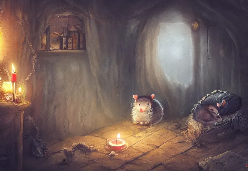 Image similar to cute possum sleeping on a bed in a medieval cluttered cottage at night under the dim light of a candle, dark fantasy, dreaming illusion, trending on artstation