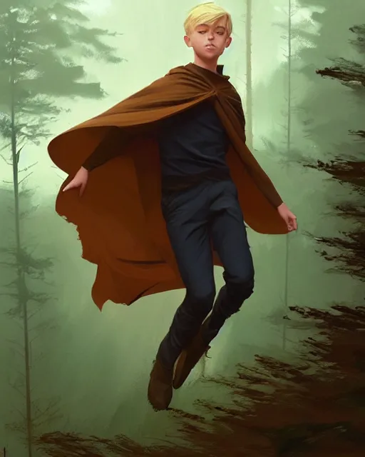 Prompt: masterpiece concept art, blonde boy wearing a brown cape and flying, forest background, emotional, cinematic moody colors, realistic shaded lighting poster by ilya kuvshinov, magali villeneuve, artgerm, jeremy lipkin and michael garmash and rob rey