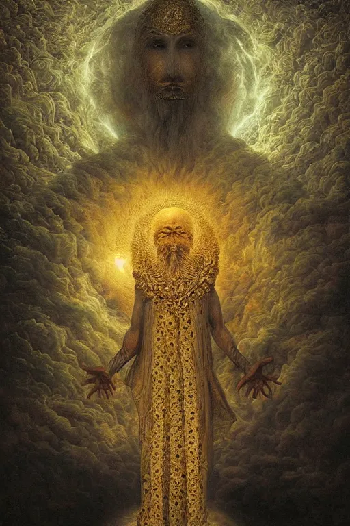 Image similar to Intricate stunning highly detailed deity by agostino arrivabene and Vladimir Kush, surreal, digital painting, ultra realistic, Horror vacui, dramatic lighting, full moon, thick black swirling smoke tornado, burning fire embers, artstation