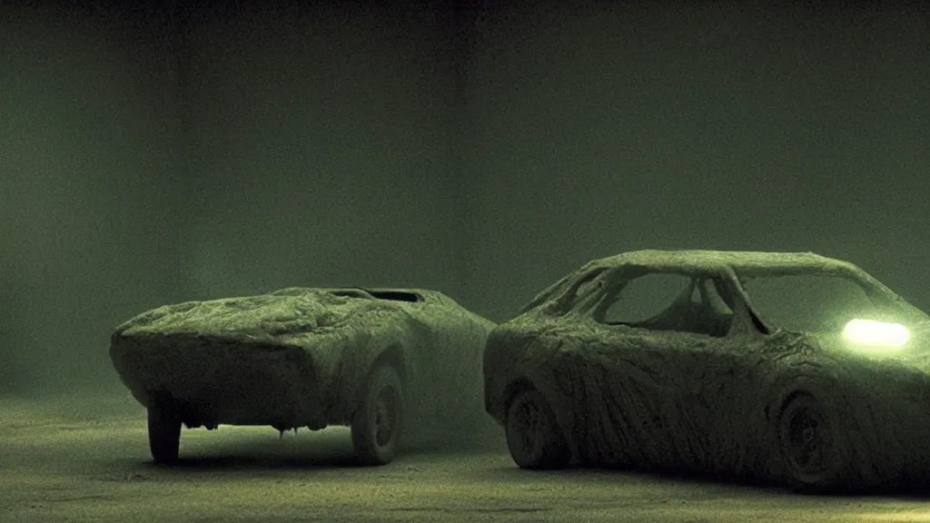 Image similar to the car made of glowing wax, film still from the movie directed by Denis Villeneuve and David Cronenberg with art direction by Zdzisław Beksiński, wide lens
