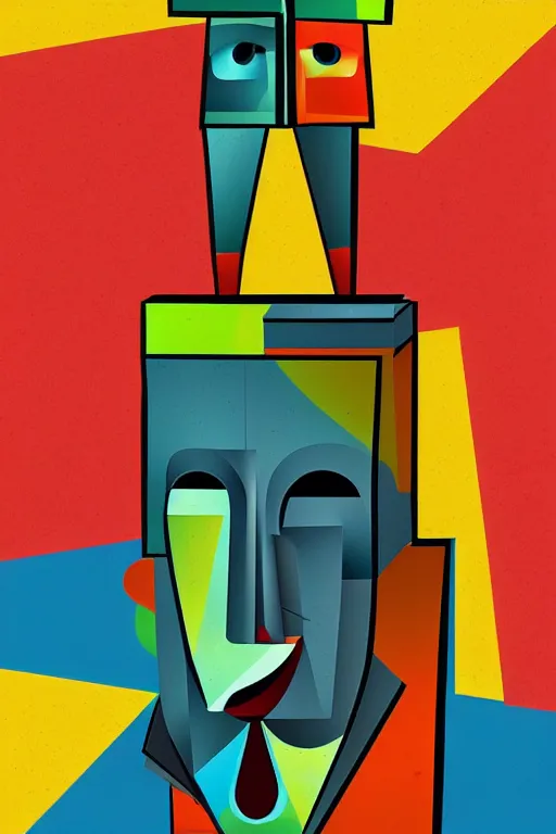 Image similar to cubist moai statue cutout digital illustration cartoon colorful beeple