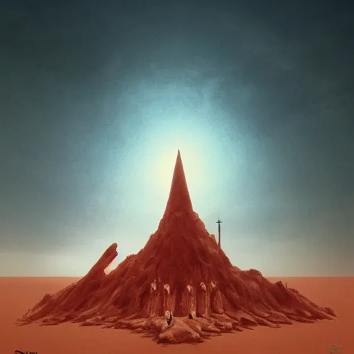 Image similar to Satanic church on a desert, red moon, by Dariusz Zawadzki and zdzisaw beksinski, imax film quality, trending on Artstation