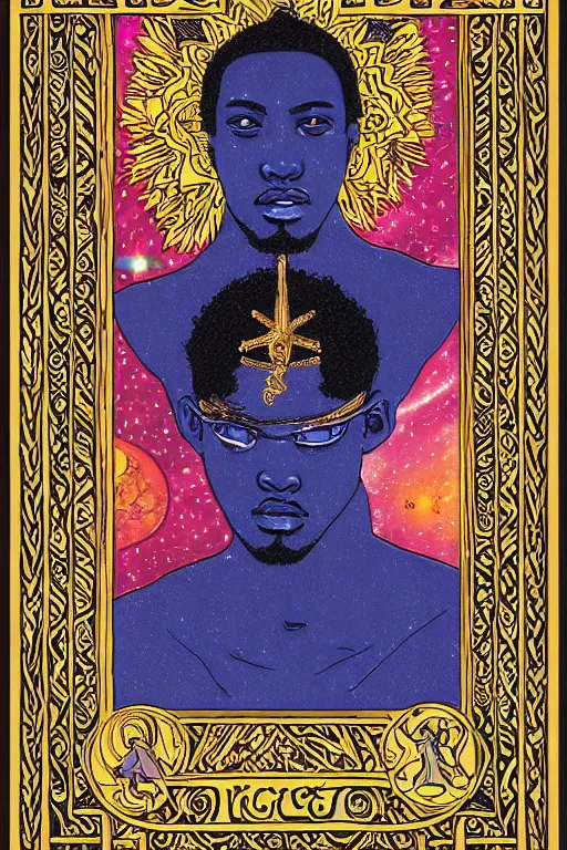 Prompt: beautiful and refined engraved tarot card featuring an ornate, realistic, and regal high key studio anaglyph portrait of an attractive young sudanese king with a crown of flower petals in front of a brilliant nebula by Eric Lafforgue, by Suicide Girls, by Dan Mumford, by Jim Fitzpatrick, featured on deviant art, trending on artstation